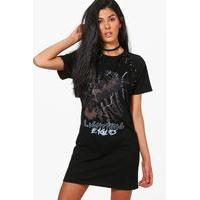 Printed Lace Up Band T-Shirt Dress - black
