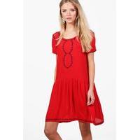 Printed Trim Dress - red