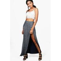 Printed Double Split Front Maxi Skirt - navy