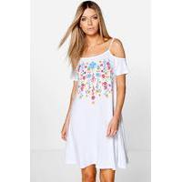 Printed Embroidery Cold Shoulder Swing Dress - white