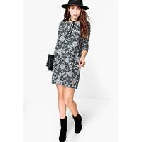 printed 34 sleeve shift dress black