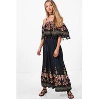 Printed Embroidered Tassle Maxi Dress - navy
