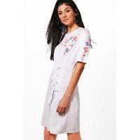 Printed Embroidery T-Shirt Dress With Lace Up - white