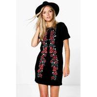 printed embroidered shift dress black