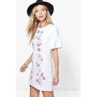 Printed Embroidery Bell Sleeve Shift Dress - white