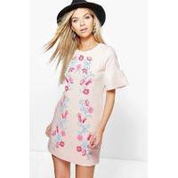 Printed Embroidery Bell Sleeve Shift Dress - peach