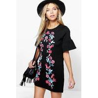 printed embroidery bell sleeve shift dress black