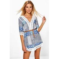 Printed Lace Trim Dress With Belt - blue