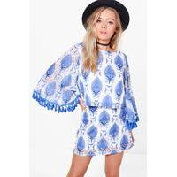 printed mesh fringe skirt co ord blue