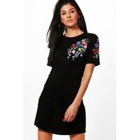 Printed Embroidery T-Shirt Dress With Lace Up - black