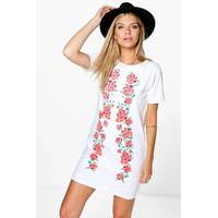 printed embroidered shift dress white