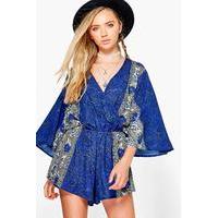 printed wide sleeve playsuit blue