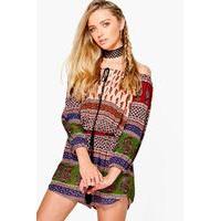 Printed Off Shoulder Playsuit - multi