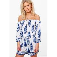 Printed Off the Shoulder Playsuit - white