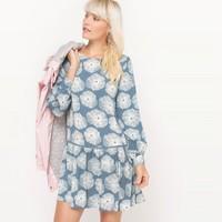 Printed Long-Sleeved Dress with Back Opening