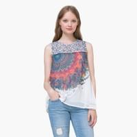 printed sleeveless blouse with tassels