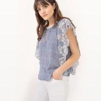 printed blouse with embroidered frilled sleeves