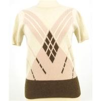 Pringle - Size: S Cream , Brown and Pink Short Sleeved Cashmere Jumper.