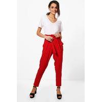 premium paper bag waist belted trouser red