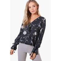 Printed Wrap Over Blouse - black