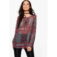 Printed Lace Up Smock Top - grey