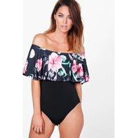 Printed Ruffle Bardot Bodysuit - black