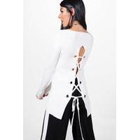 premium lace up back rib knit jumper white