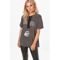 Printed Lace Up Front T-Shirt - grey
