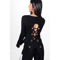 premium lace up back rib knit jumper black