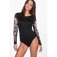 printed embroidered sleeve bodysuit black