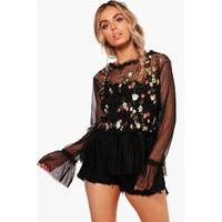 Premium Embroidered Mesh Peplum - black