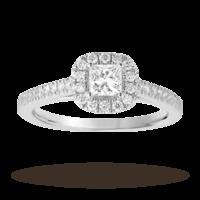 Princess cut 0.65 total carat weight diamond halo ring with diamond set shoulders in 18 carat white gold