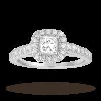 Princess cut 1.00 total carat weight diamond halo ring with diamond set shoulders in 18 carat white gold