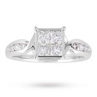 Princess Cut 1.00 Carat Total Weight Diamond Cluster Ring with Diamond Set Shoulders in 18 Carat White Gold - Ring Size J