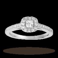 Princess cut 0.40 total carat weight diamond halo ring with diamond set shoulders in 18 carat white gold