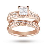 Princess and Brilliant Cut 0.76 Carat Total Weight Diamond Bridal Set in 9 Carat Rose Gold - Ring Size P