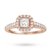 Princess Cut 1.00 Total Carat Weight Diamond Halo Ring With Diamond Set Shoulders In 18 Carat Rose Gold - Ring Size P