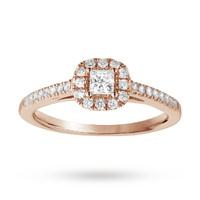 Princess Cut 0.40 Total Carat Weight Diamond Halo Ring With Diamond Set Shoulders In 18 Carat Rose Gold - Ring Size P