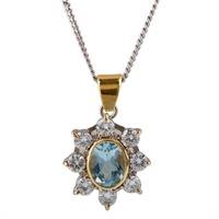 Pre-Owned 9ct Two Colour Gold Aquamarine and Diamond Cluster Necklace 4156412
