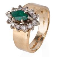 Pre-Owned 14ct Yellow Gold Marquise Cut Emerald and Diamond Cluster Ring 4332675