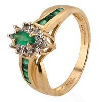 Pre-Owned 9ct Yellow Gold Emerald and Diamond Cluster Ring 4311048