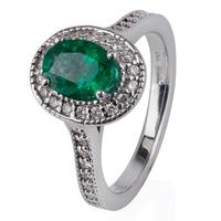 Pre-Owned 14ct White Gold Emerald and Diamond Oval Cluster Ring 4329556