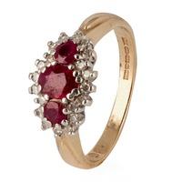 Pre-Owned 9ct Yellow Gold Ruby and Diamond Three Stone Cluster Ring 4111321
