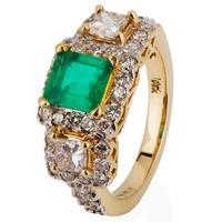 Pre-Owned 14ct Yellow Gold Emerald and Diamond Triple Cluster Ring 4228949