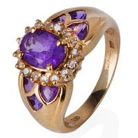 Pre-Owned 14ct Yellow Gold Amethyst and Diamond Cluster Ring 4332640