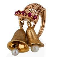 Pre-Owned 9ct Yellow Gold Pearl and Synthetic Ruby Bell Ring 4309105