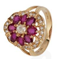 Pre-Owned 14ct Yellow Gold Ruby and Diamond Three Tier Cluster Ring 4328029
