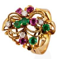 pre owned 14ct yellow gold emerald ruby and diamond spray cluster ring ...