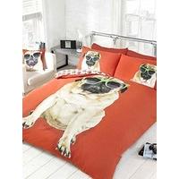 Pug in Sunglasses Double Red Reversible Paw Prints Cotton Blend Duvet Cover Set