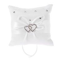 Pure White Ring Pillow In White Bowknot Satin With Heart Shaped Rhinestone